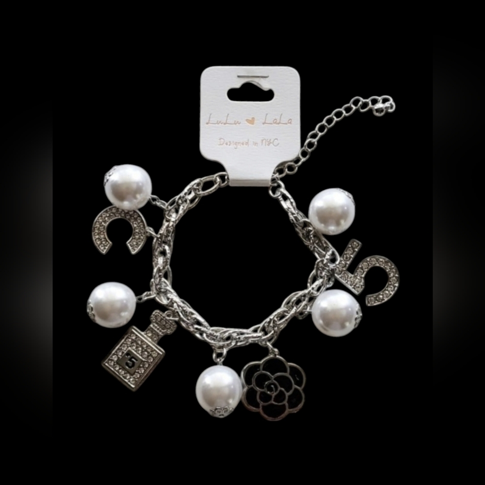 LuLu LaLa Charm Bracelet – Pearls, Crystal #5 & Perfume Bottle Charm & More